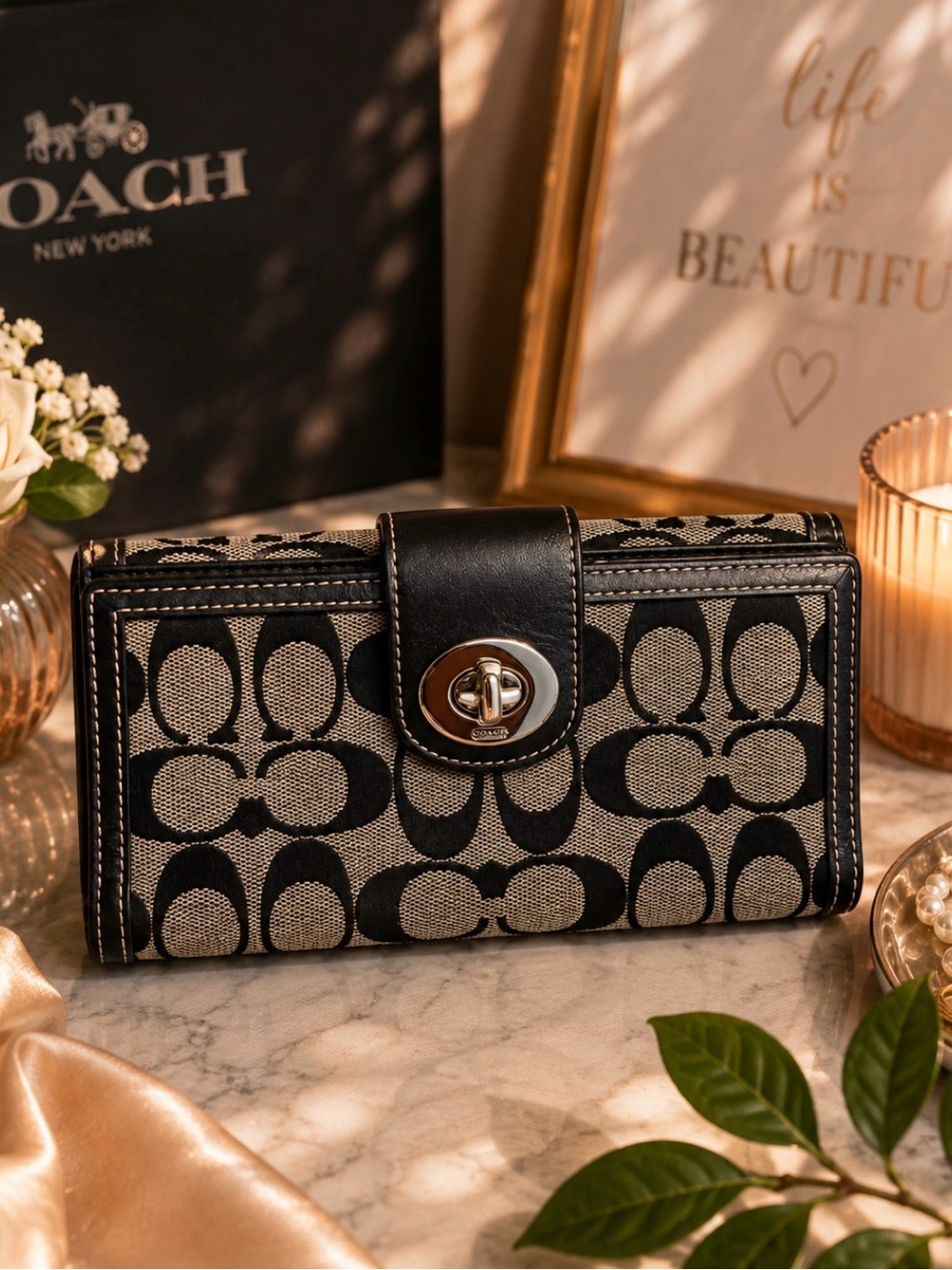 Coach Black and Tan Signature Jacquard Turnlock Wallet